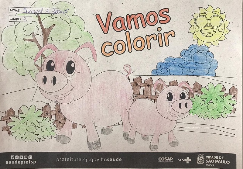 #PraCegoVer: A imagem contém a fotografia de um desenho colorido, com dois porquinhos. O desenho está colorido com as cores verde, laranja, amarelo, azul, marrom e rosa.
